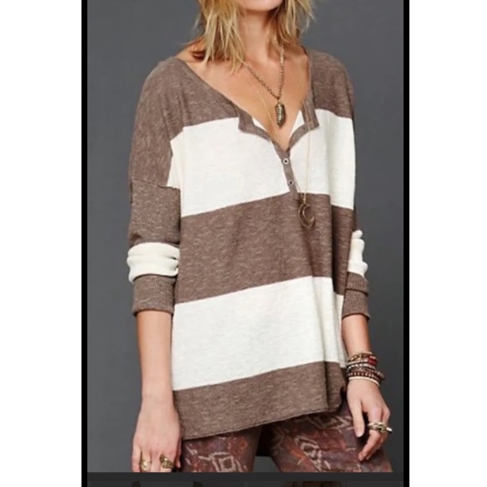 FP Beach Striped Knit Gold Rush Linen Blend Henley Top medium boho oversized‎